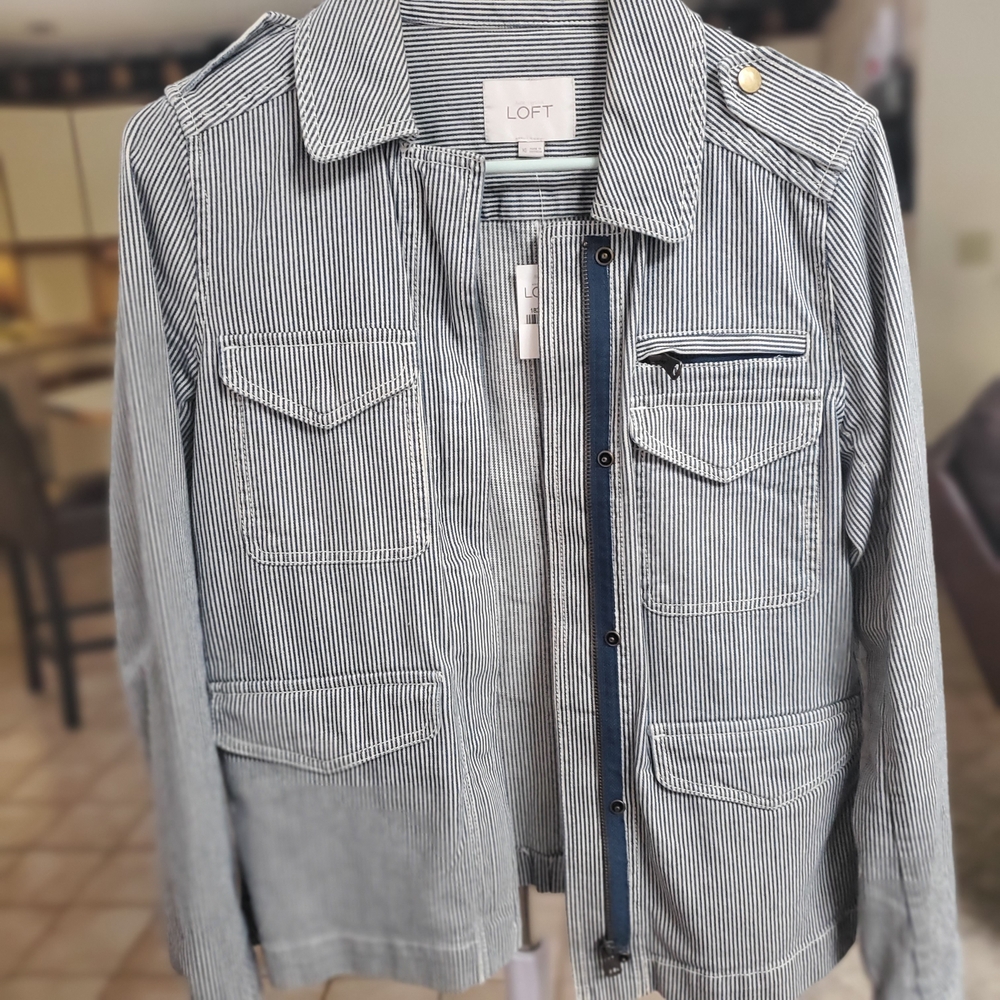 LOFT Striped Jean Jacket - Blue and White